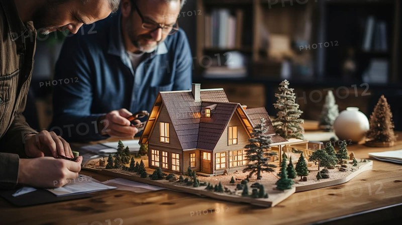 Architects working together assembling A small scale model housing developement on the table. generative AI