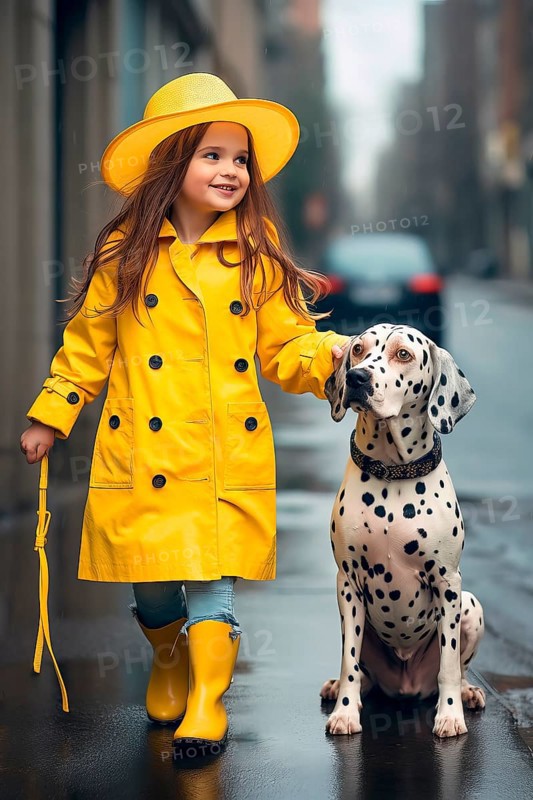 Eight years old girl wearing a yellow raincoat and hat walking in a street side by side with a Dalmatian dog