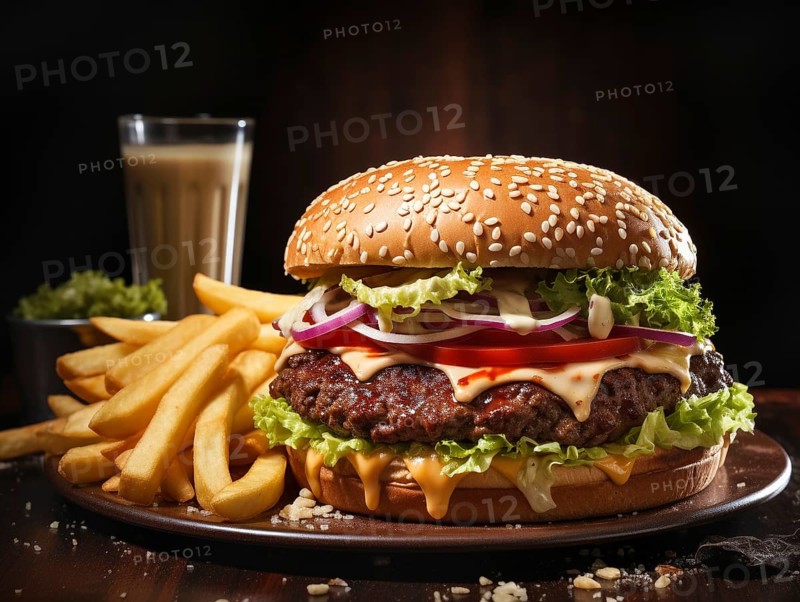 Fresh cooked delicious cheeseburger with all the fixings with fries. generative AI