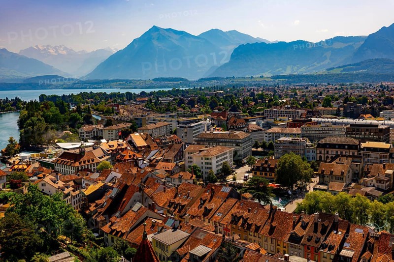 Aerial View over City of Thun and Lake with Mountain in a Sunny Day in Bernese Oberland