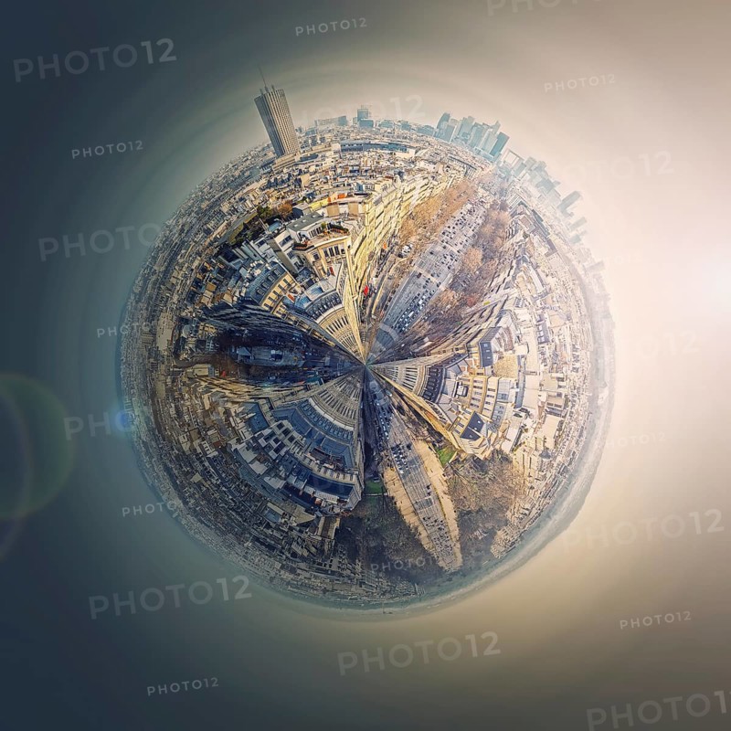 Aerial Paris as a micro planet in space. Sightseeing city panorama in shape o a globe with view to La Defense metropolitan district