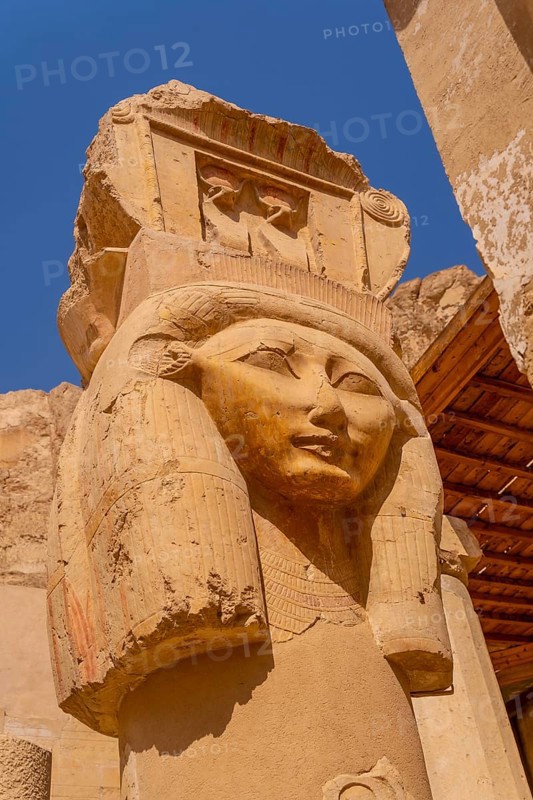 Historical sculptures on the pillars of the Hatshepsut Funerary Temple in Luxor. Egypt