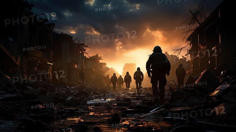 Soldiers with guns scrambling down the streets of a ravaged city amidst war. generative AI