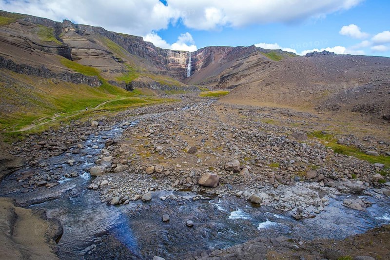 The last waterfall that descends from Hengifoss in Iceland from above