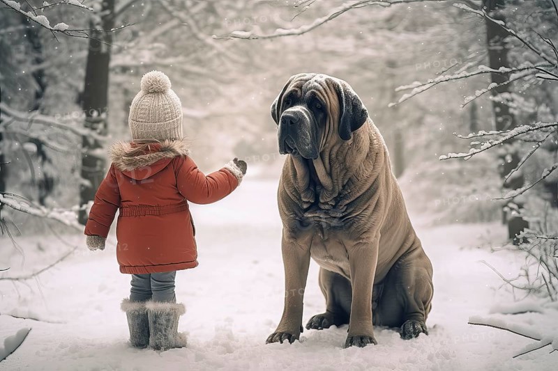 Three years old little girl wearing winter coat standing near a huge English Mastiff in a snowy forest environment with the dog looking down at the girl