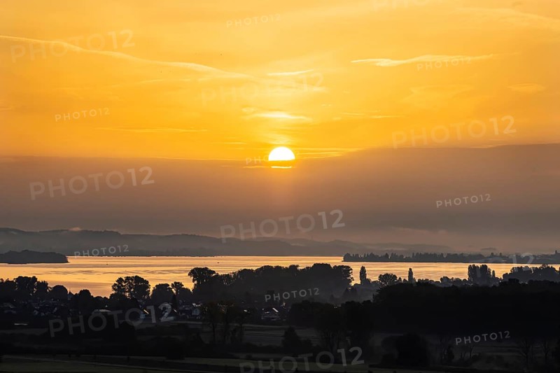 Sunrise at Lake Constance nature reserve Zeller Aachried with autumn fog
