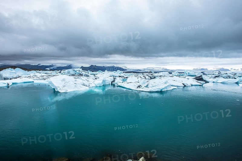 Panoramic view of the frozen Joekulsarlon lake in August. Iceland