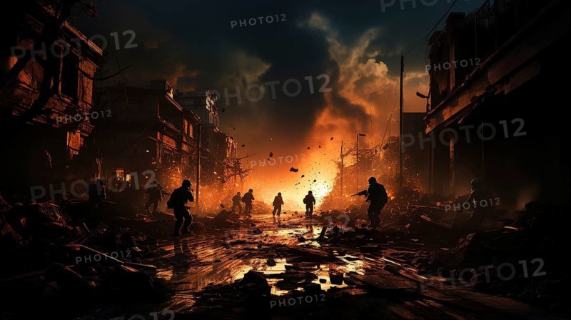 Soldiers with guns scrambling down the streets of a ravaged city amidst war. generative AI