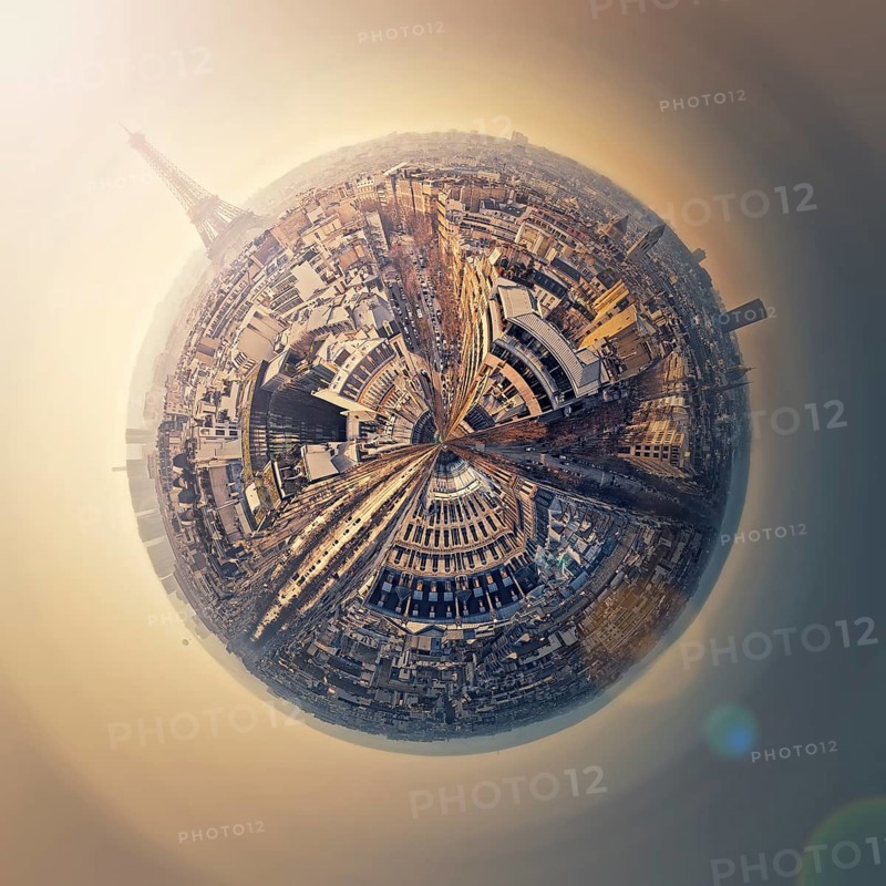 Aerial Paris as a mini planet in space. Sightseeing city panorama in shape o a globe with view to the Eiffel Tower