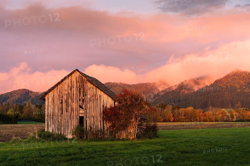 Landscape in the Allgaeu at sunset in autumn. View of the Adelegg mountain landscape