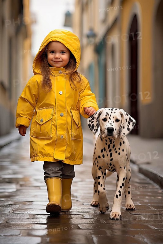 Eight years old girl wearing a yellow raincoat and hat walking in a street side by side with a Dalmatian dog