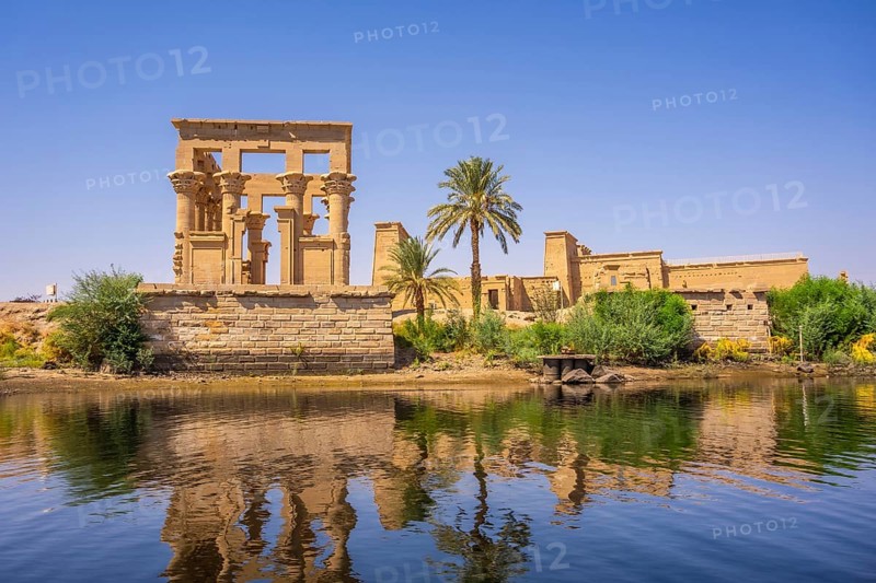 The beautiful temple of Philae and the Greco-Roman buildings seen from the Nile river