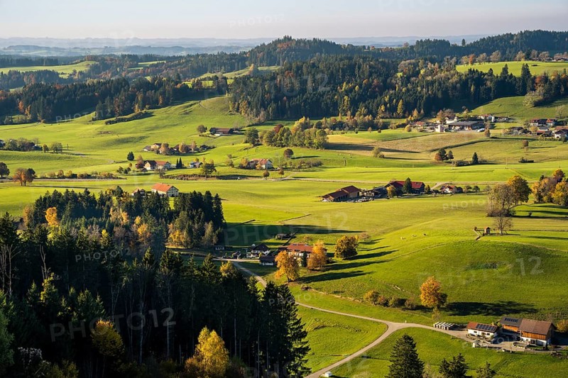 Landscape around Maierhoefen in the Allgaeu in autumn with meadows