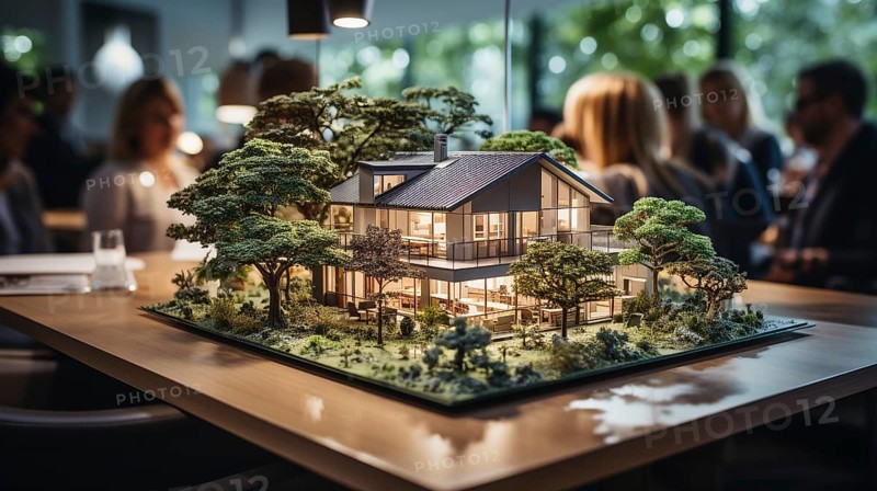 Small scale model of a contemporary house design on the table in A real estate office. generative AI