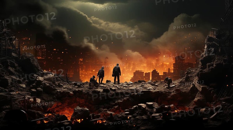 Soldiers surveying the landscape amidst explosions in a war torn city. generative AI