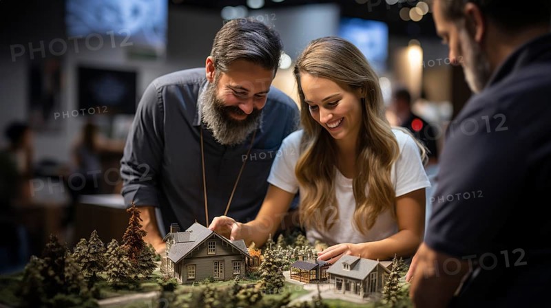 Real estate agent discussing with a young adult couple A new housing development model on the table in front of them. generative AI
