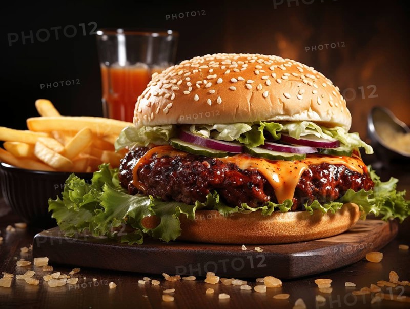 Fresh cooked delicious cheeseburger with all the fixings with fries. generative AI