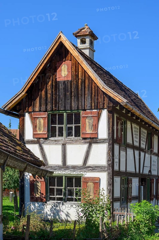 Half-timbered house with brick chimney in the Swabian Open Air Museum