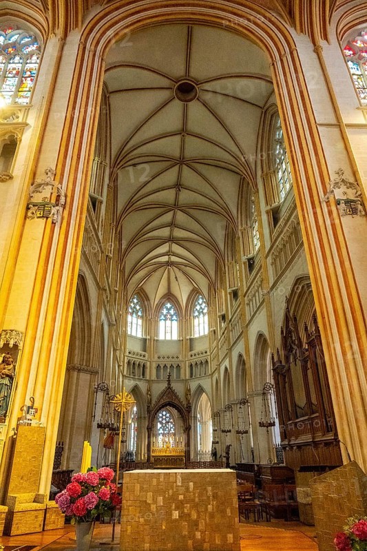 Interior of the Saint Corentin cathedral in the medieval village of Quimper in the Finisterre department. French Brittany