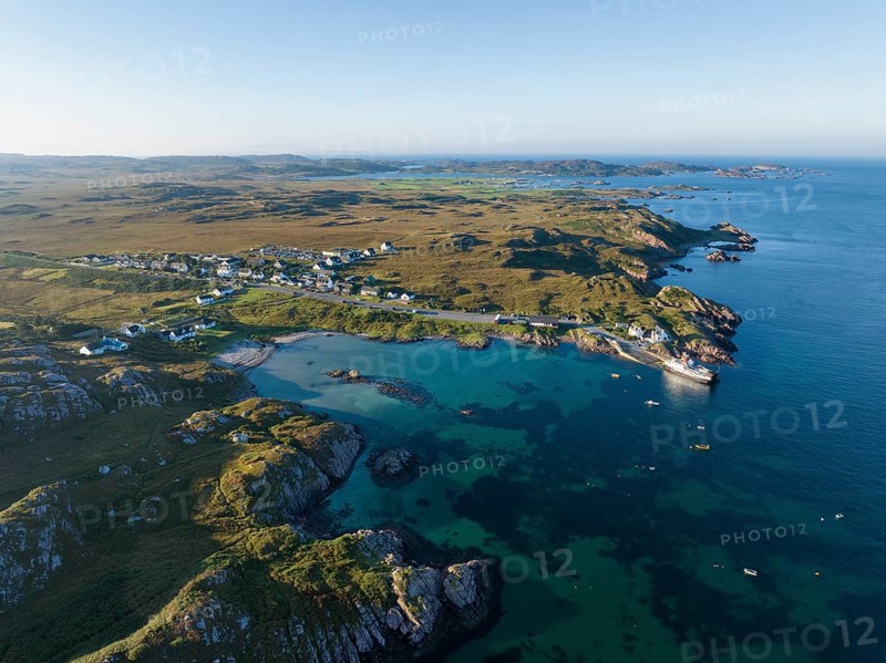 Aerial view of the fishing village of Fionnphort in the morning light