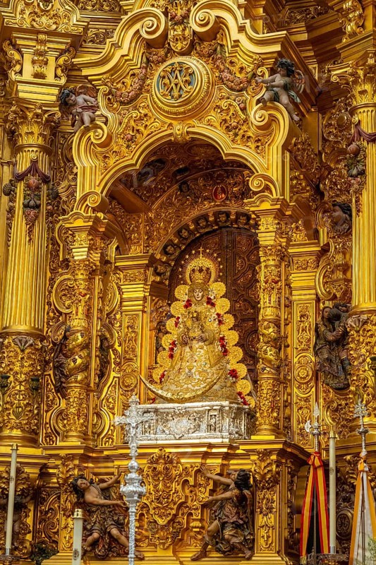 Detail of the interior of the church and the virgin in the sanctuary of El Rocio. Huelva. Andalusia