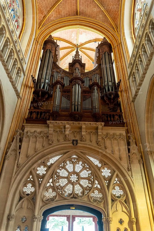 Organ inside the Saint Corentin Cathedral in the medieval town of Quimper in the Finisterre department. French Brittany