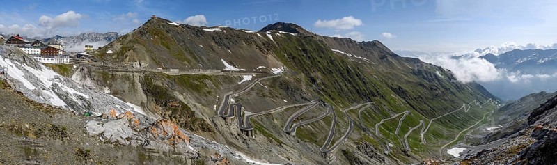 Panoramic view from Tibethaus on north ramp Ascent from pass road to mountain pass Alpine pass with serpentines Narrow bends hairpin bends Stelvio Pass Stelvio