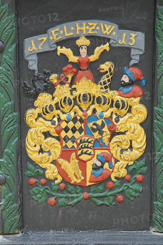 Wuerttemberg coat of arms with initials Eberhard Ludwig and year on the abbey fountain built in 1713