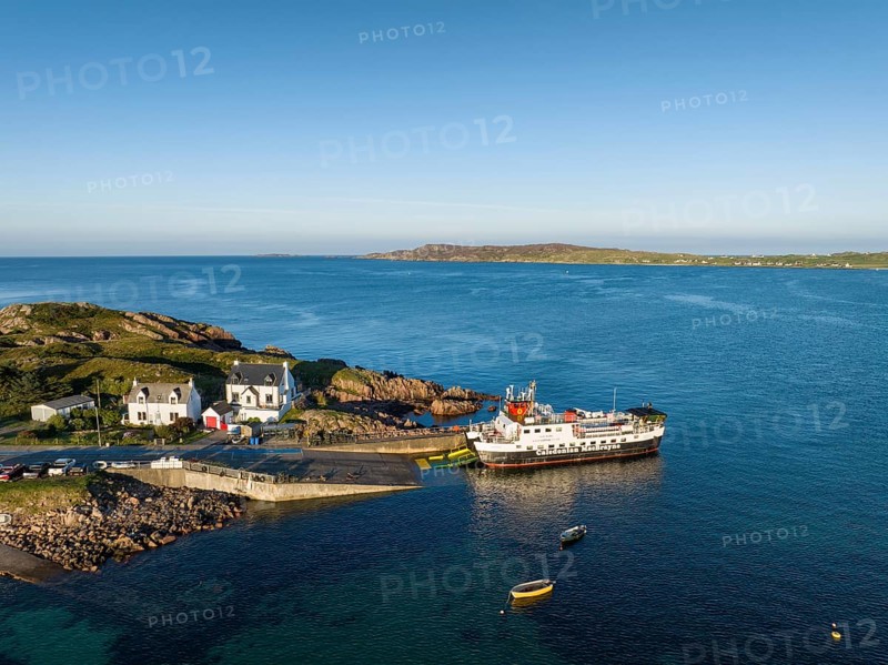 Aerial view of the Fionnphort ferry terminal with the ferry MV Loch Buidhe of the shipping company Caledonian MacBrayne operating a scheduled service between Fionnphort and the Isle of Iona