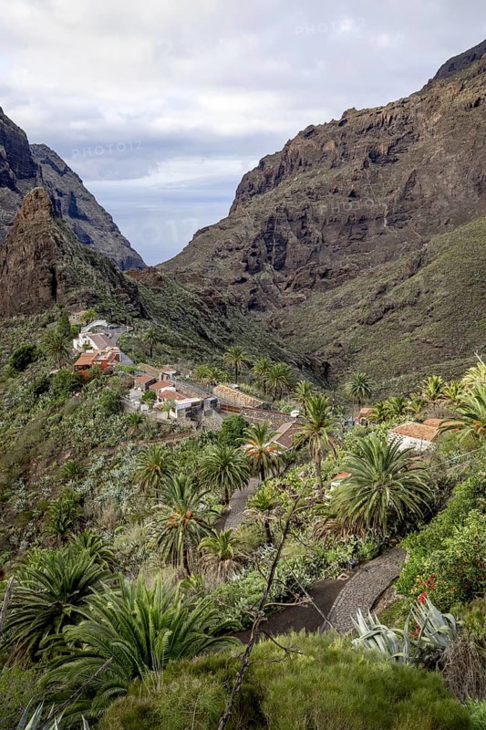 View over the small picturesque mountain village Masca among black volcanic cliffs in the Macizo de Teno mountains on Tenerife