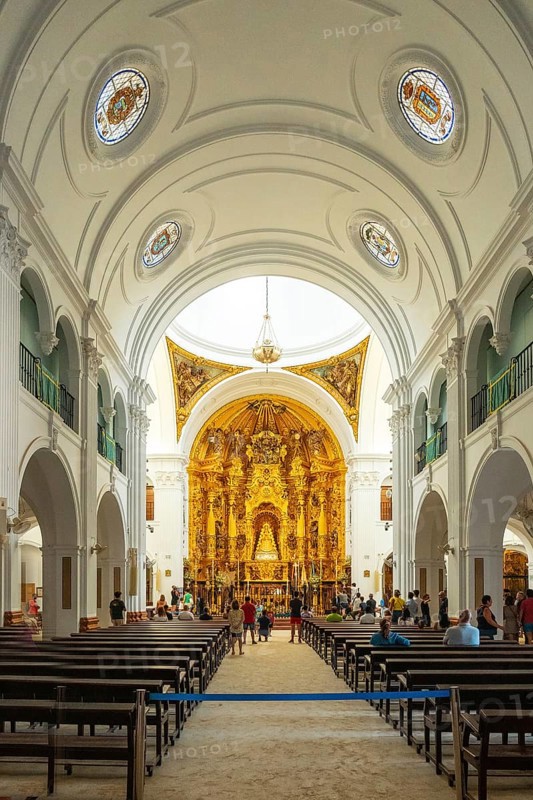Interior of the church and the virgin in the sanctuary of El Rocio. Huelva. Andalusia