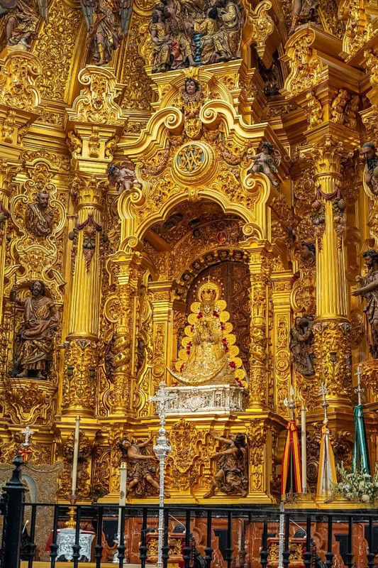 Detail of the interior of the church and the virgin in the sanctuary of El Rocio. Huelva. Andalusia