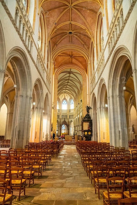 Interior of the Saint Corentin cathedral in the medieval village of Quimper in the Finisterre department. French Brittany