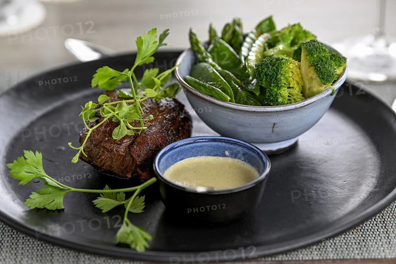 Grilled beef steak in a restaurant