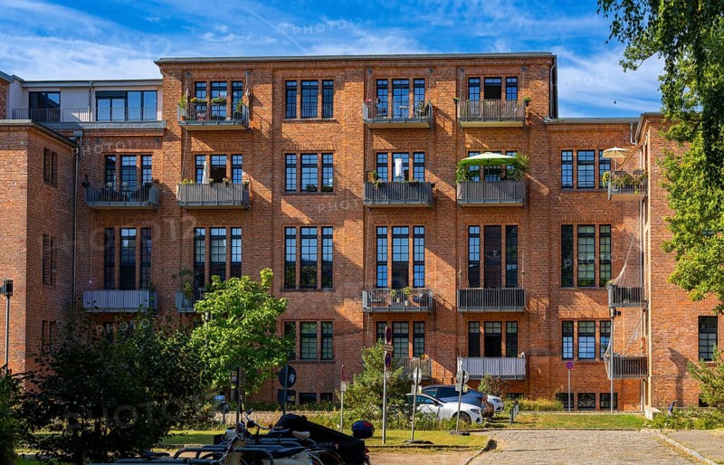 Restored brick-look residential buildings