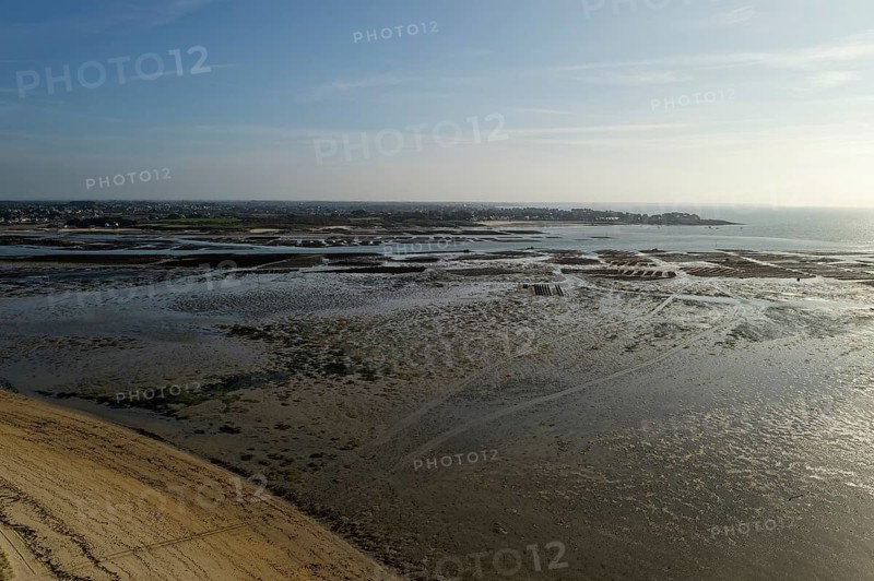 Aerial view of the sandy beach at Plouharnel Bay in Brittany. Oyster beds in the background. Morbihan