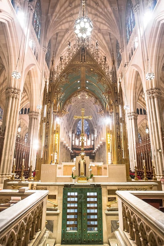 Stained glass window in St. Patrick's Cathedral is a decorated neo-Gothic Catholic