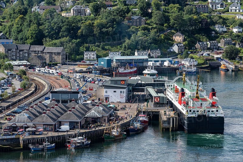 View over the ferry harbour of the town of Oban with the ferry Isle of Lewis operating between Oban and Isle of Barra