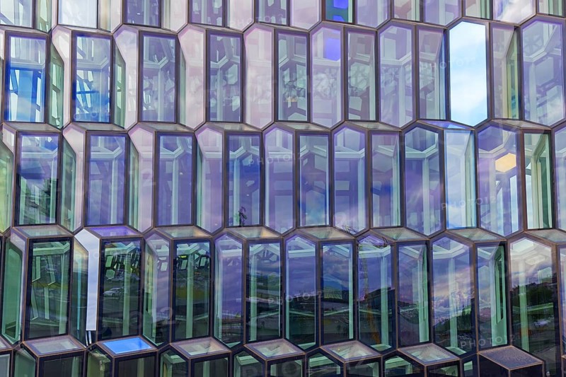 Colourful glass facade of the Harpa Concert Hall and conference centre in the capital city Reykjavik