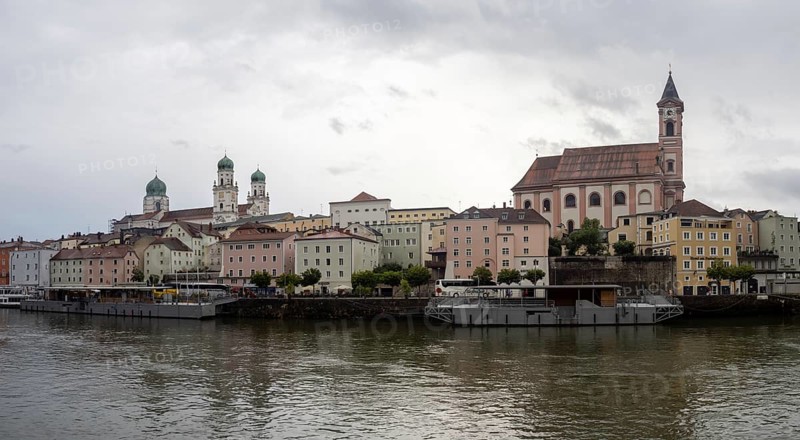 View over the Danube to the old town with the church of St. Paul and the cathedral