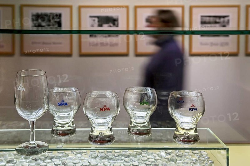 Drinking glasses in the museum of the brand of mineral water Spa Monopole in Spa