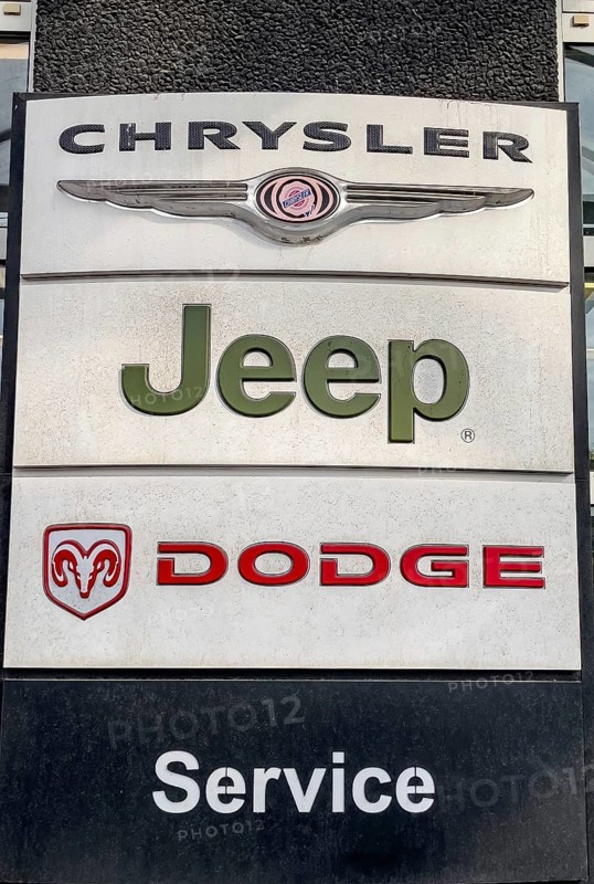 Three logo logos of Chrysler Jeep Dodge brands of the international automotive group Stellantis