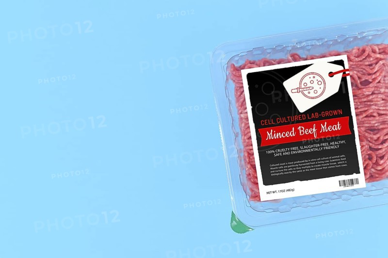 Cell cultured lab grown meat concept for artificial in vitro production with packed raw minced meat with made up labe