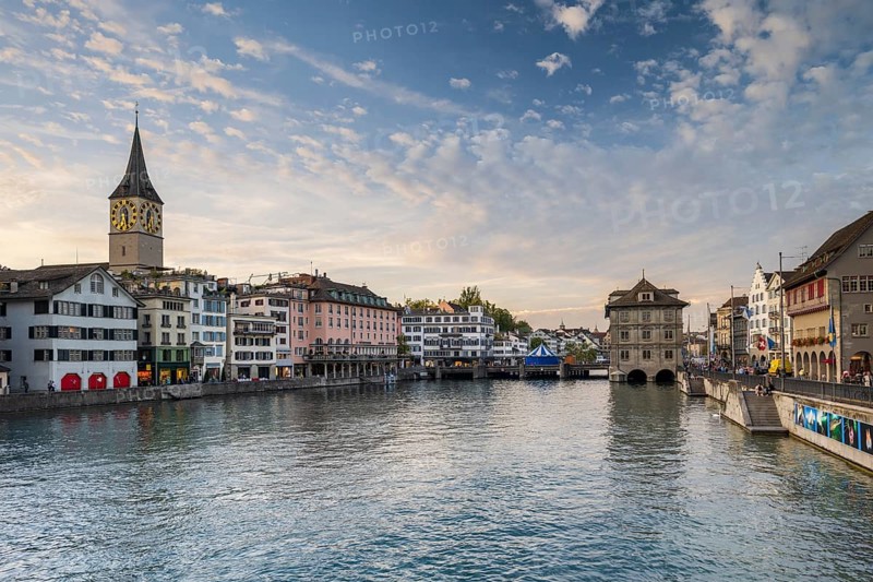 Old Town of Zurich with St. Peter's Church and Town Hall on the Limmat