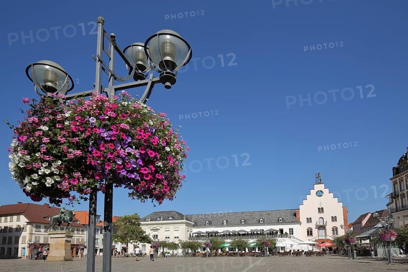 Old department stores' and street lamp with flower decoration