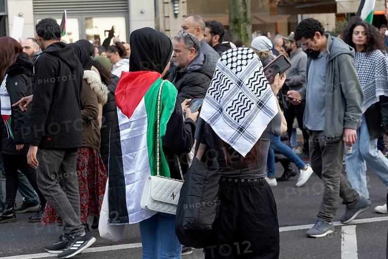Demo participants with Palestine flag and Palestinian scarf