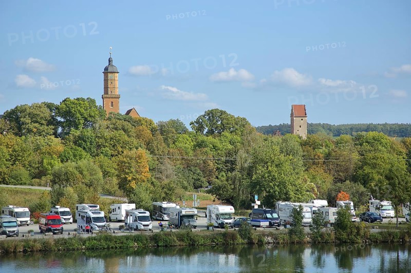 Main bank and car park with motorhomes