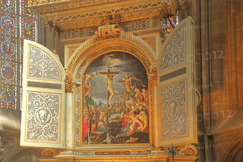 Winged altar built 1604 with painting of the Gothic town church St. Dionys