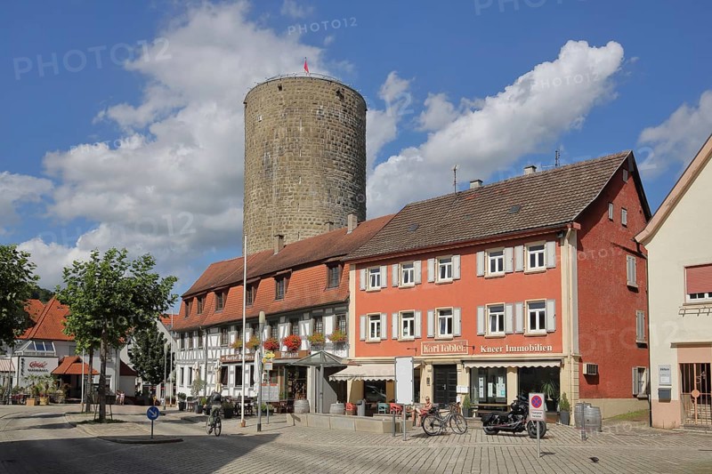 Historic Waldhorn tower built in 1220 and half-timbered house