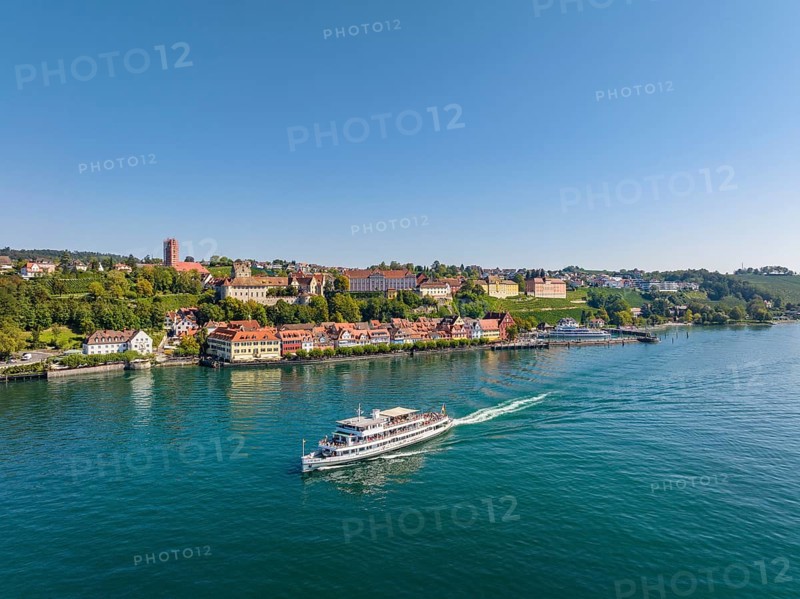 Aerial view of the town of Meersburg and the departing cruise ship MS Karlsruhe of Lake Constance-Schiffsbetriebe